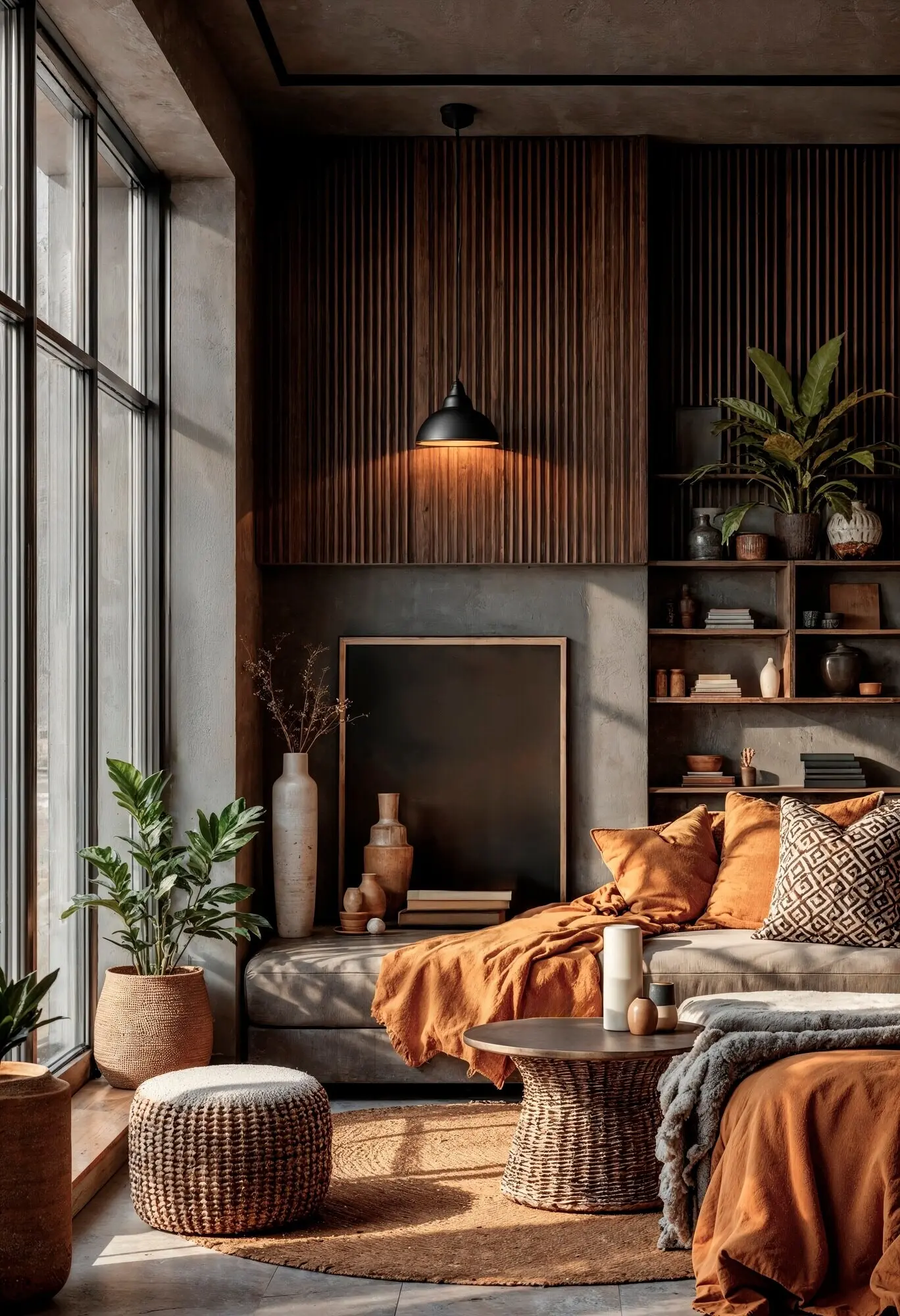 Moderne und gemütliche Innenraumgestaltung eines Wohnzimmers